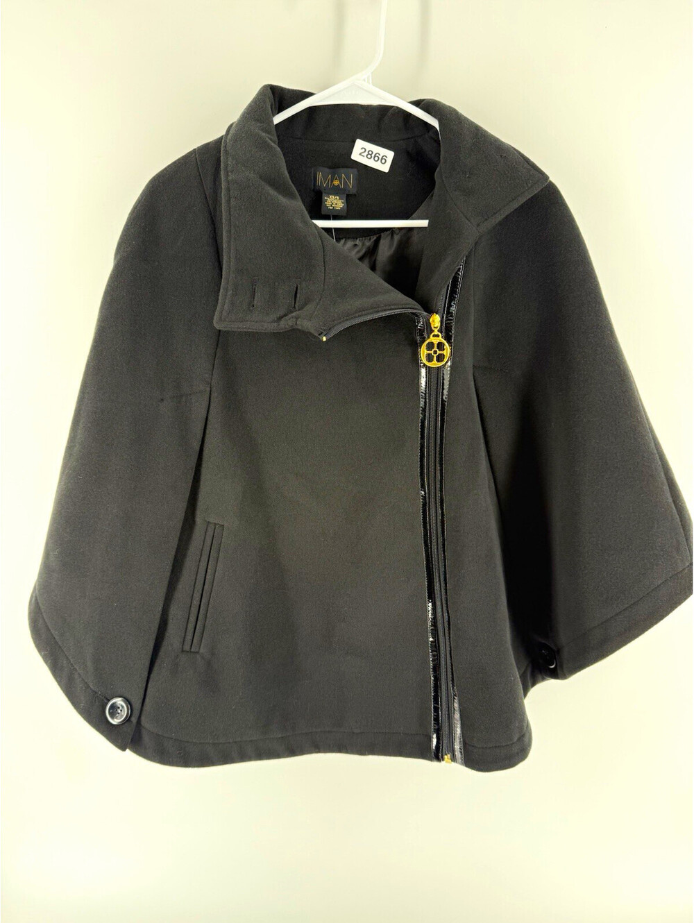 IMAN Global Chic Black Zip Front Lined Collared Cape Jacket Women’s XS/S